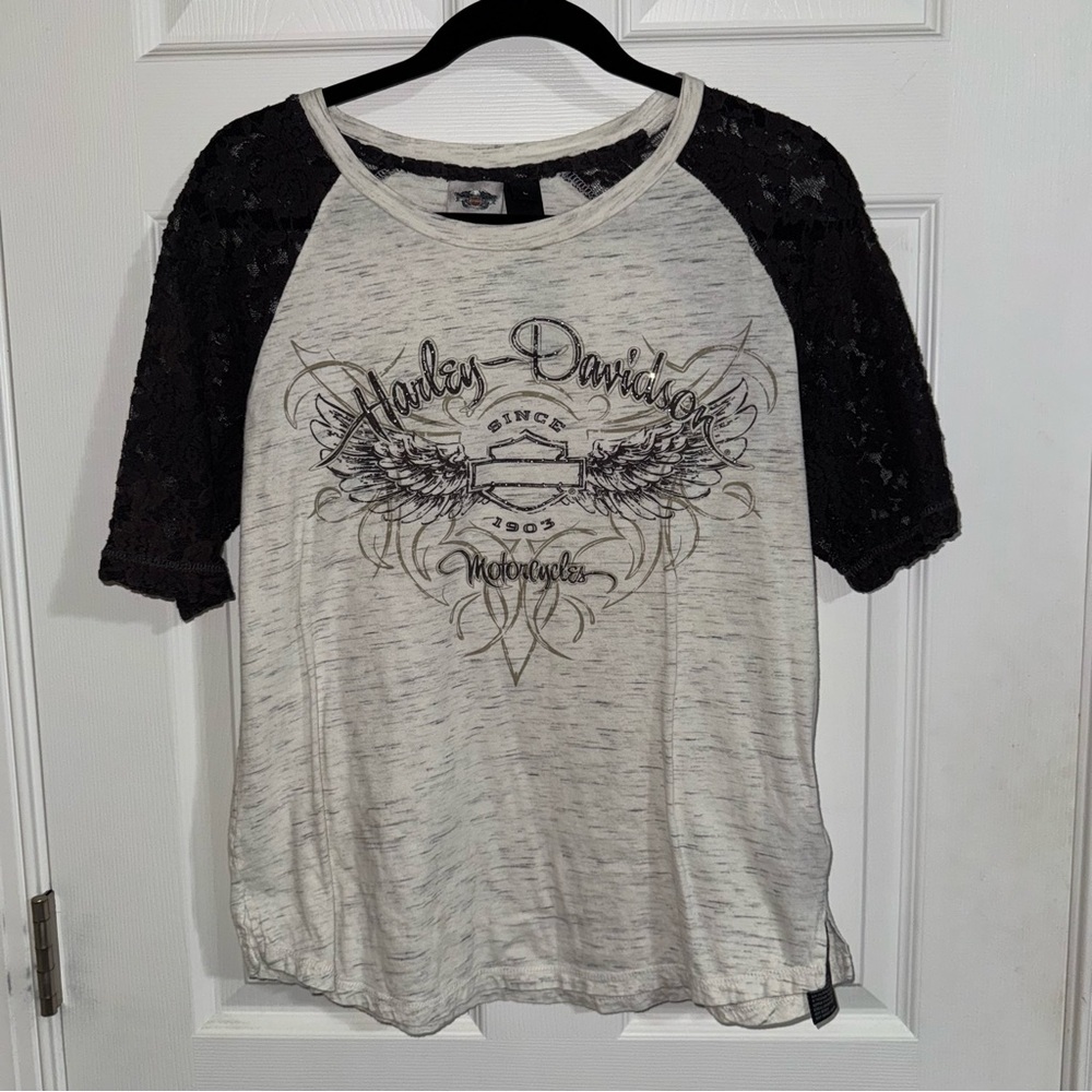 Harley Davidson Womens Grey Black Lace Raglan Graphic T-Shirt Size Large 1903 - Picture 1 of 3